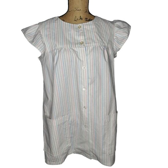 Vintage 70s 80s Pastel Striped Smocked Ruffle Sleeve Apron Top - Picture 1 of 8